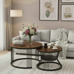 Round Coffee Table Set of 2 for Living Room Wooden Top with Black Metal Frame Modern Nesting Center Table for Sofa Area Home & Office Furniture